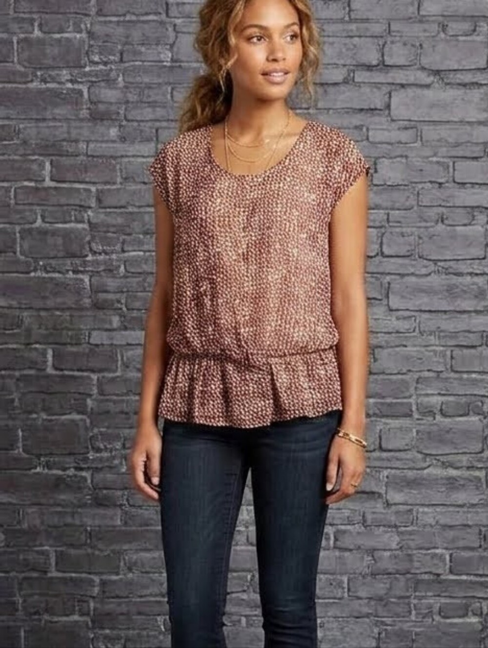 GAP Maroon And Tan Pleated Crossover Peplum Blouse Short Cap Sleeves Size 12